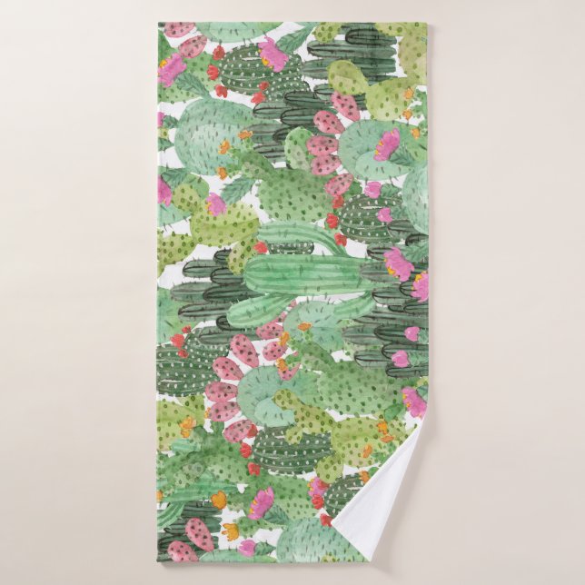 Handgemalte Kakteen: Wüstengrün Badehandtuch (Badehandtuch)