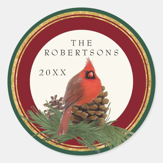 Handgemalte Kardinal Kiefernkone Personalisierte N Runder Aufkleber (Vorderseite)
