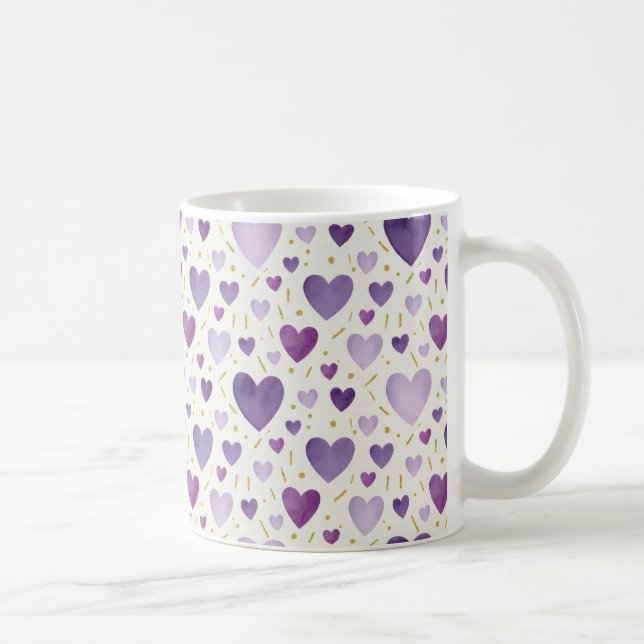 Handgemalte Lavendel- und Gold-Wasserfarben-Herzen Kaffeetasse (Rechts)