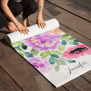 Handgemalte leuchtende Wasserfarben-Blumen Yogamatte