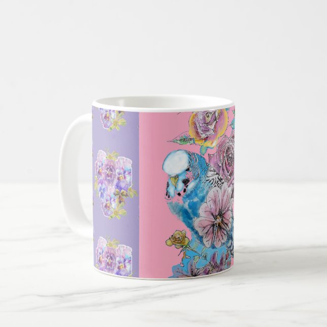 Handgemalte Lila blaue Budgie Blumenkohle Tasse (Vorderseite Links)