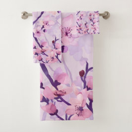 Handgemalte lila Kirschblüten Badhandtuch Set