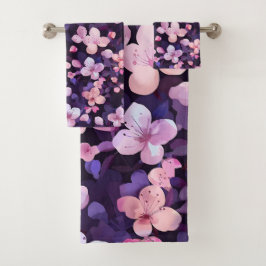 Handgemalte lila Kirschblüten Badhandtuch Set