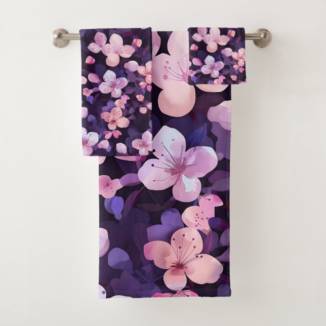 Handgemalte lila Kirschblüten Badhandtuch Set (Insitu)