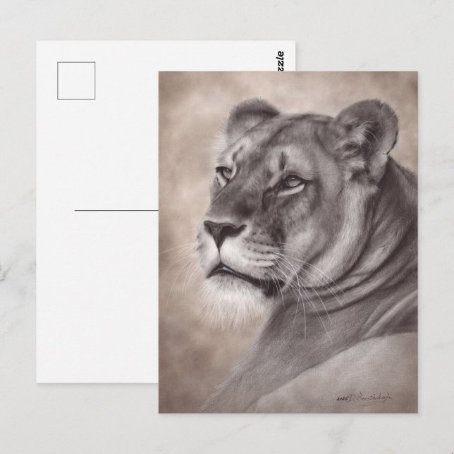 Handgemalte Löwin-Wildtier-Kunst Postkarte (Vorne/Hinten)