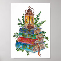 Handgemalte Magische Bücher Laterne Aquarell