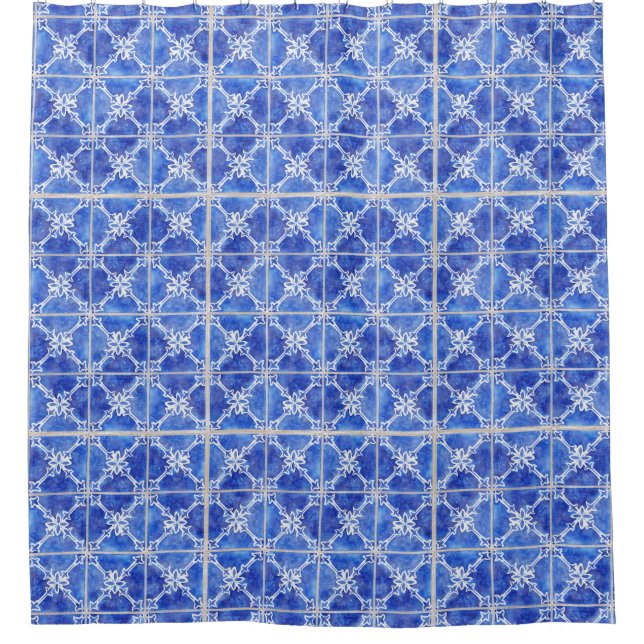Handgemalte marokkanische Vintage blaue Tile Duschvorhang (Vorderseite)