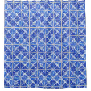 Handgemalte marokkanische Vintage blaue weiße Duschvorhang