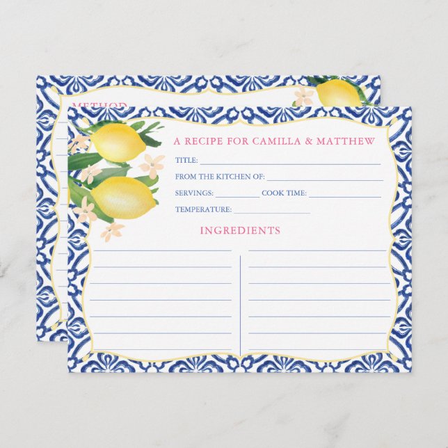 Handgemalte Positano Lemons Royal Blue Recipe Card Einladung (Vorne/Hinten)