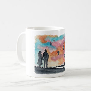 Handgemalte romantische Paarballons Aquarell Kaffeetasse