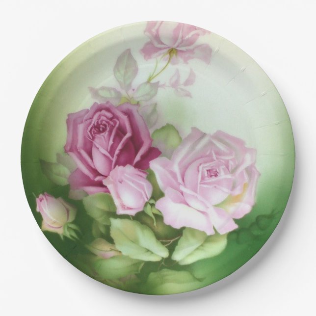 Handgemalte Rose im antiken Stil zum Geburtstag Pappteller (Vorderseite)