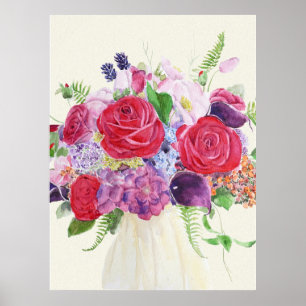 handgemalte rote Rose magenta hydrangea Bouquet Poster