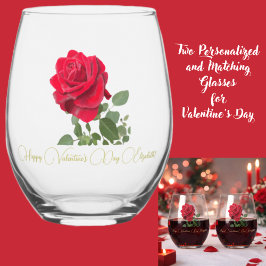 Handgemalte rote Rose Valentinstag Personalisiert Weinglas Ohne Stiel
