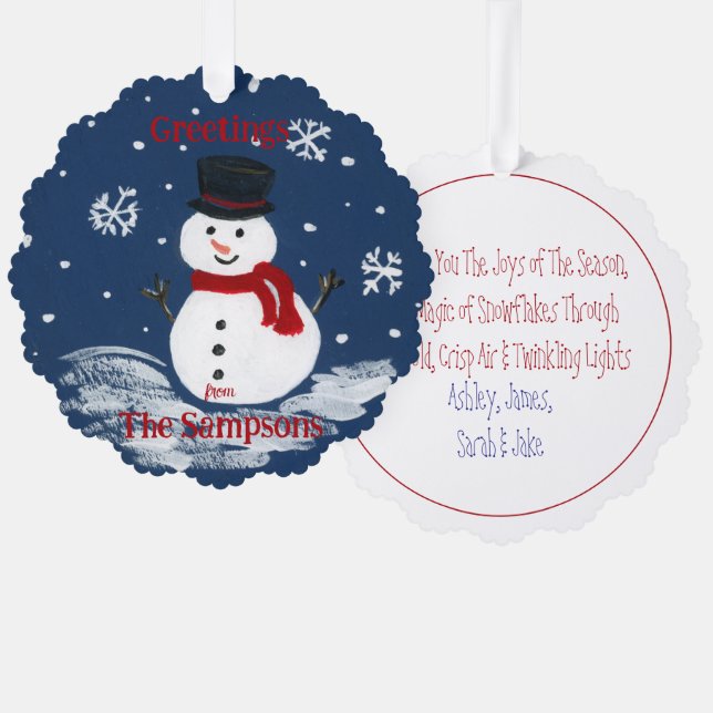 Handgemalte Snowman PERSONALIZE Round Ornament Karte (Vorderseite/Rückseite)