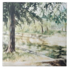 Handgemalte Sommerlandschaft grüne Bäume Fluss Fliese