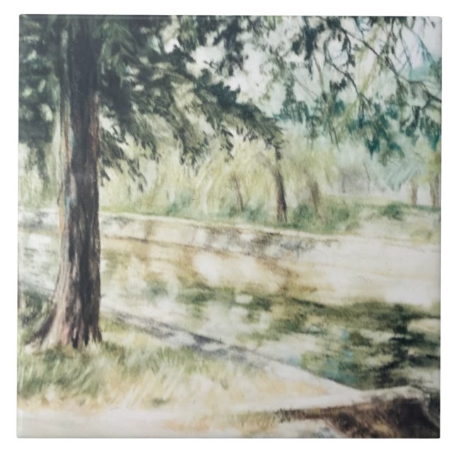 Handgemalte Sommerlandschaft grüne Bäume Fluss Fliese (Vorderseite)