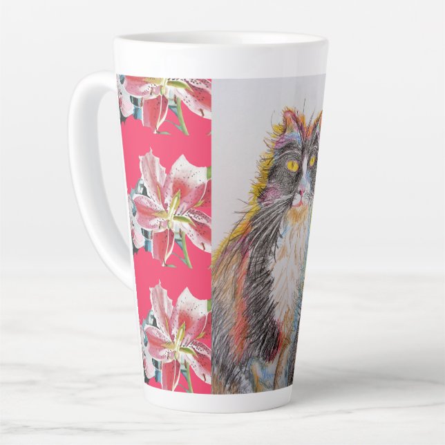 Handgemalte Tuxedo Katze Blumenrot Latte Tasse (Linke Ecke)