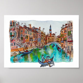 Handgemalte Venedig-Kanäle und Gondeln Aquarell Poster