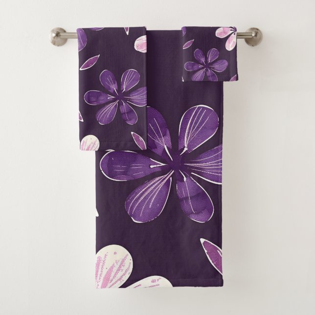 Handgemalte violette Blumen Badhandtuch Set (Insitu)