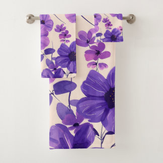 Handgemalte violette Blumen Badhandtuch Set
