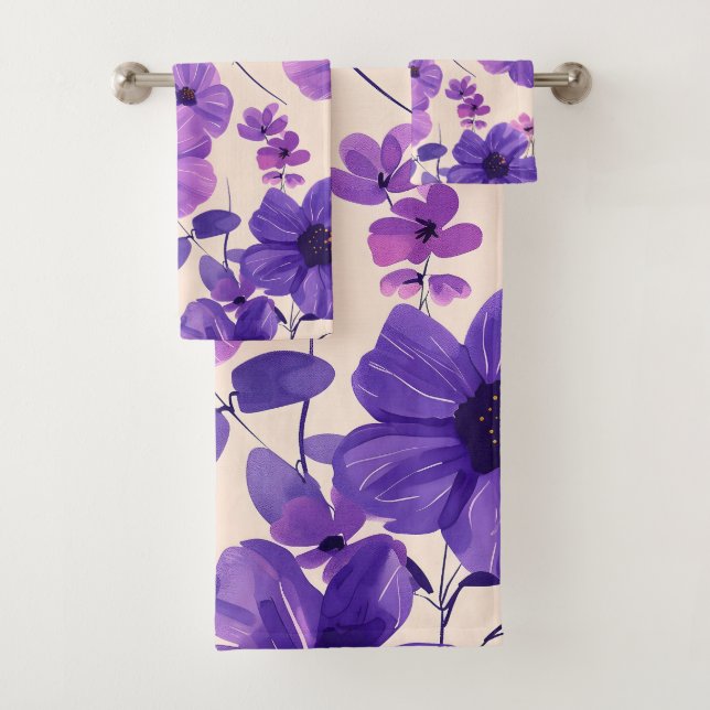Handgemalte violette Blumen Badhandtuch Set (Insitu)