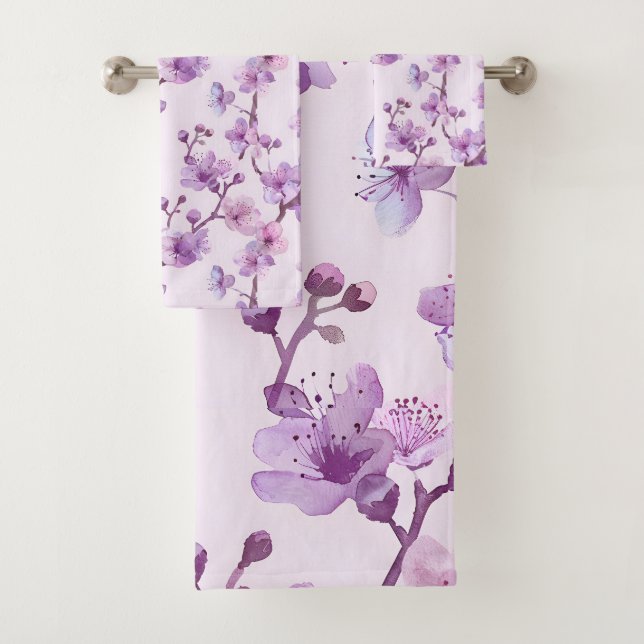 Handgemalte violette Blumen Badhandtuch Set (Insitu)