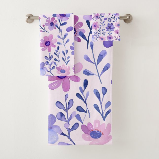 Handgemalte violette Blumen Badhandtuch Set (Insitu)