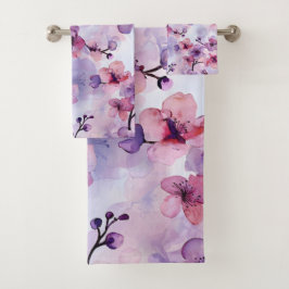 Handgemalte violette Blumen Kirschblüte Badhandtuch Set