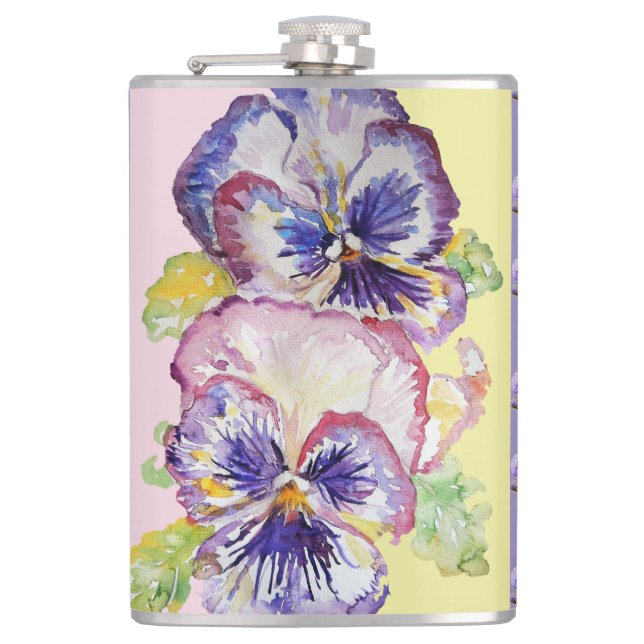Handgemalte violette Stiefmütterchen Blumen floral Flachmann (Vorderseite)