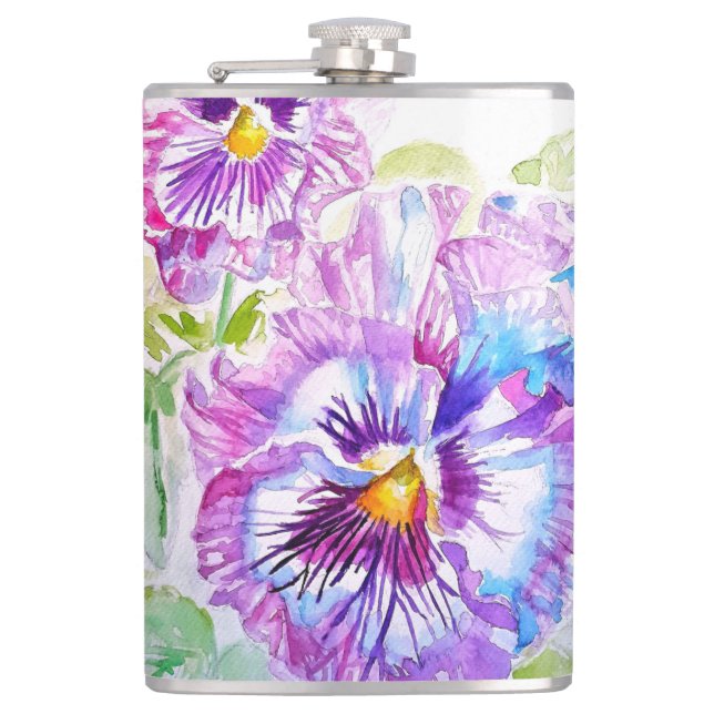 Handgemalte violette Stiefmütterchen Blumen floral Flachmann (Vorderseite)