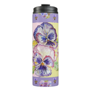 Handgemalte violette Stiefmütterchen Blumen floral Thermosbecher