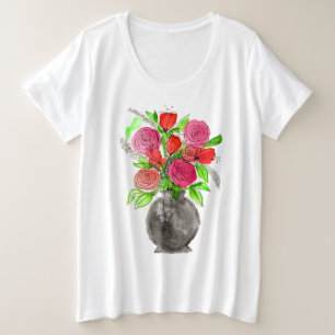 Handgemalte Wasserfarbe Abstrakte Blumenkunst Große Größe T-Shirt
