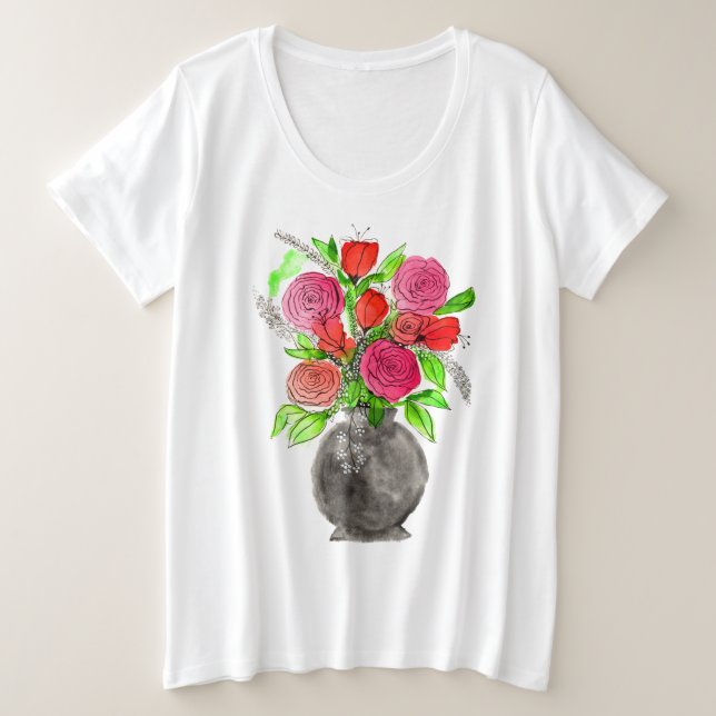 Handgemalte Wasserfarbe Abstrakte Blumenkunst Große Größe T-Shirt (Design vorne)