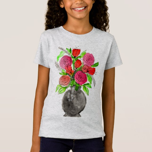 Handgemalte Wasserfarbe Abstrakte Blumenkunst T-Shirt (Vorderseite)