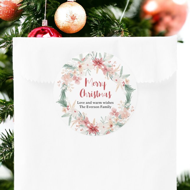 Handgemalte Wasserfarbe Botanische Frohe Weihnacht Runder Aufkleber (Hand Painted Watercolor Botanical Merry Christmas Classic Round Sticker)