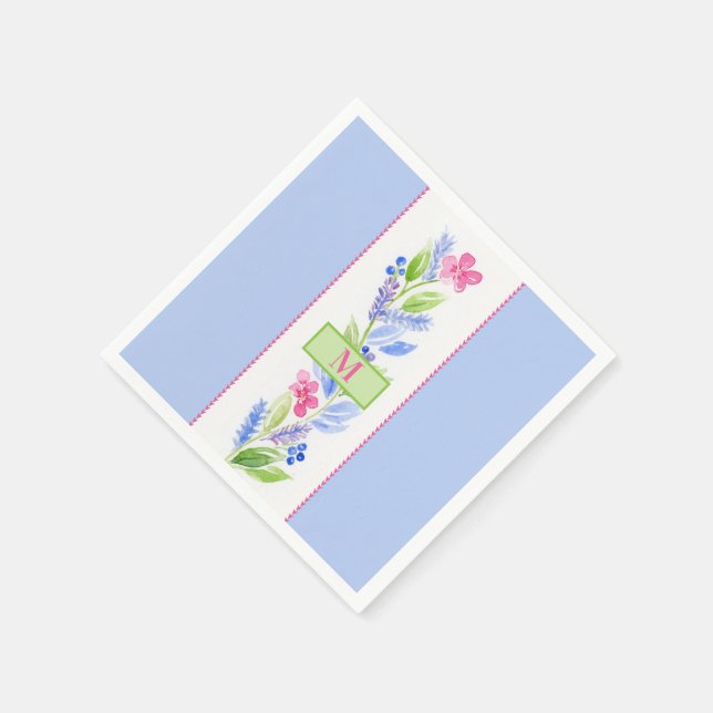 Handgemalte Wasserfarbe-Floral-Initiale Blau Serviette (Ecke)