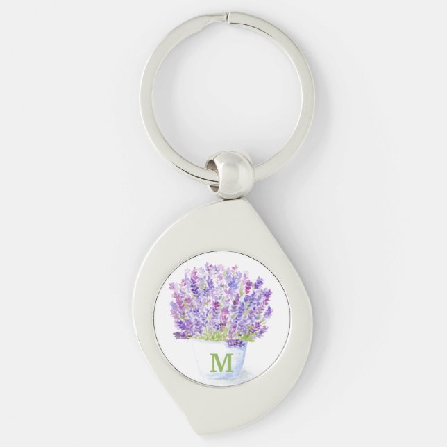 Handgemalte Wasserfarbe Lavendel Blumen INITIAL Schlüsselanhänger (Vorderseite)