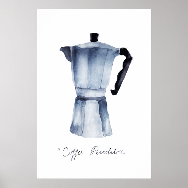 Handgemalte Wasserfarbe Vintag Moka Kaffeemaschine Poster (Vorne)