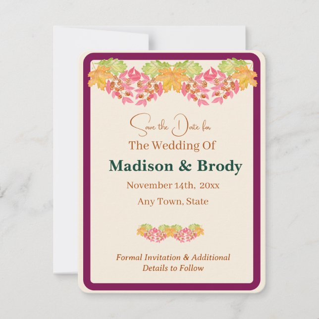 Handgemalte Wasserfarben-Blätter Save the Date Fot (Vorderseite)