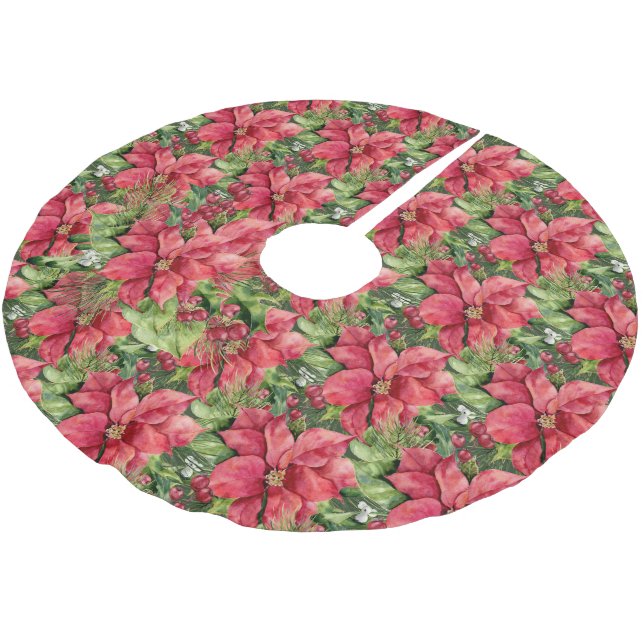 Handgemalte Wasserfarben Poinsettias Polyester Weihnachtsbaumdecke (Schrägansicht)