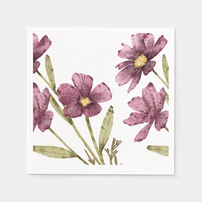 Handgemalte Wasserfarben, violette Blumen und Blät Serviette (Vorderseite)