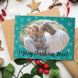 Handgemalte Weiß & Aqua Schneeflocken auf Aquamari Dreifach Gefaltete Urlaubskarte