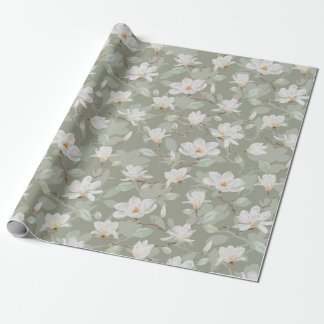 Handgemalte weiße Magnolien auf Mossy Green Geschenkpapier