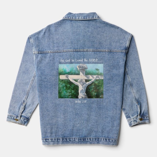 Handgemalte Weiße und Grüntöne " FÜR GOD'' Jeansjacke (Rückseite)