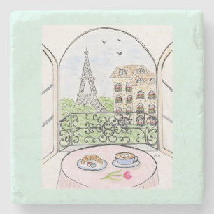 Handgemalte whimsical Paris Eiffelturm Café Croiss Steinuntersetzer