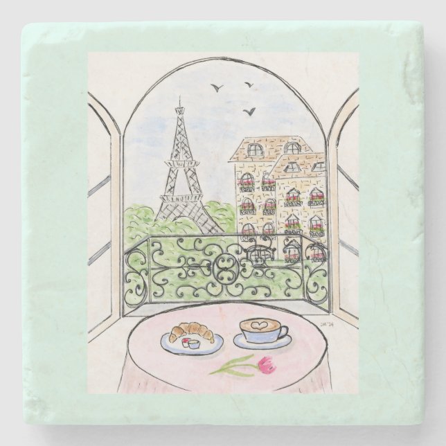 Handgemalte whimsical Paris Eiffelturm Café Croiss Steinuntersetzer (Vorderseite)