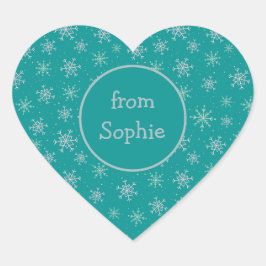 Handgemalte White & Aqua Schneeflocken auf Aquamar Herz-Aufkleber