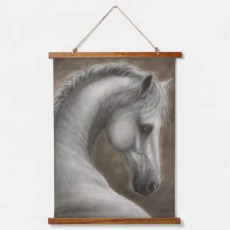 Handgemalte White Horse Kunst Wandteppich Mit Holzrahmen