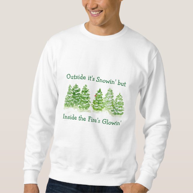 Handgemalte Winterbäume Draussen Schnee Feuer Glüh Sweatshirt (Vorderseite)