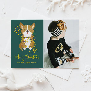 Handgemalter Corgi in Lichterkette Hunde-Foto Weih Feiertagspostkarte